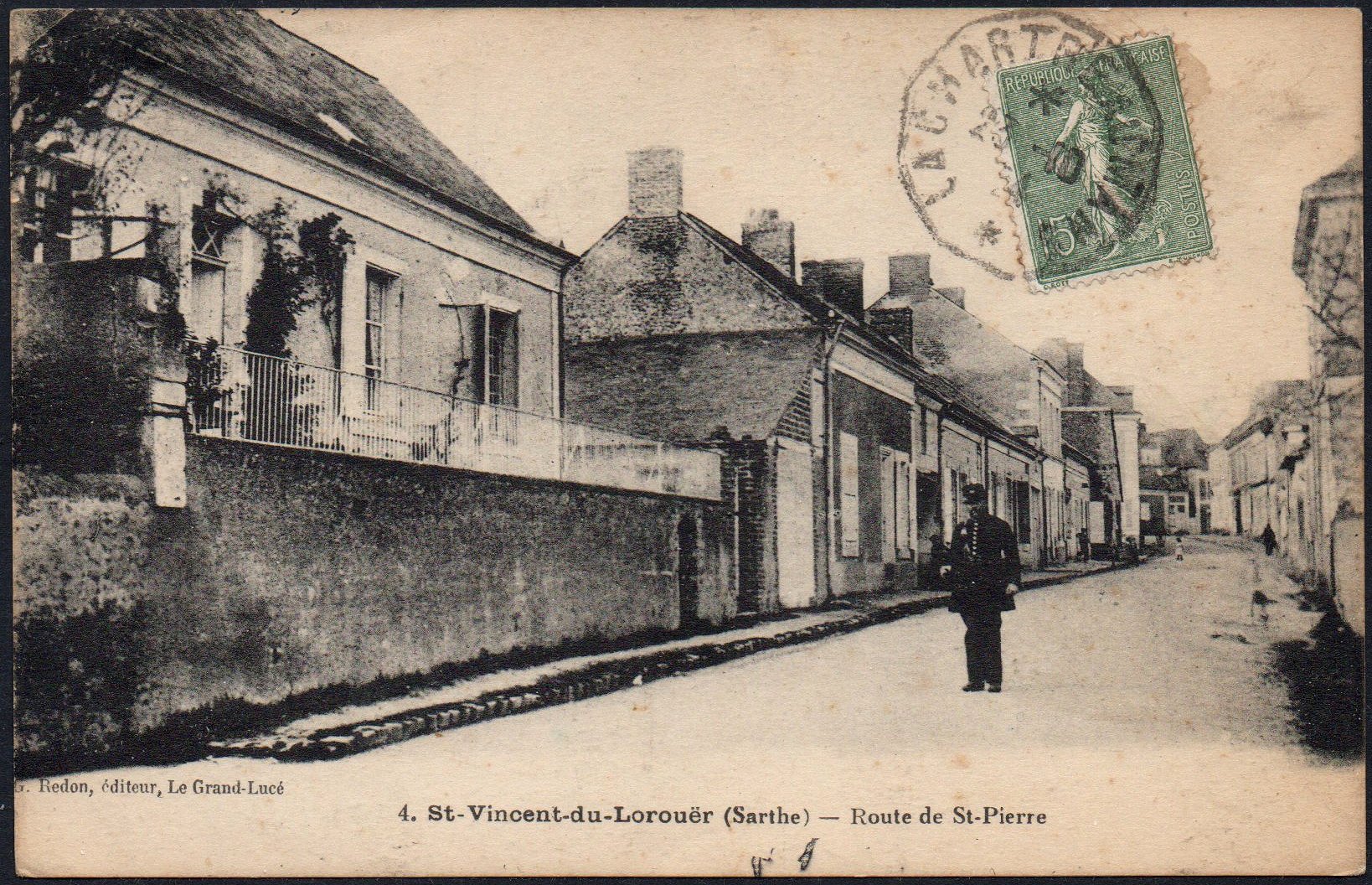 Courrier-Convoyeur-Ligne du Tramway La Chartre au Mans 1924 on a postcard of St-Vincent-du-Lorouër, Sarthe